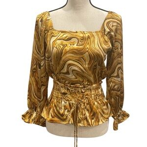 Chic Women's Marble/Swirl Patterned Satin Peplum Corset Style Top